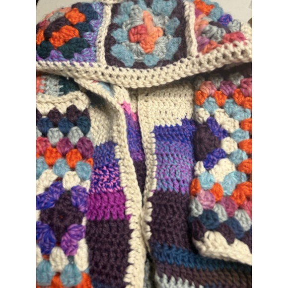 Rare One Of One Merino Wool Hand Crochet Luxury Granny Hooded Cardigan L-XXL - Picture 9 of 10